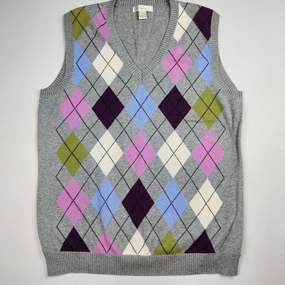 Lady Hagan Gray V-Neck Argle Sweater Vest Womens L Preppy Pullover Colorful